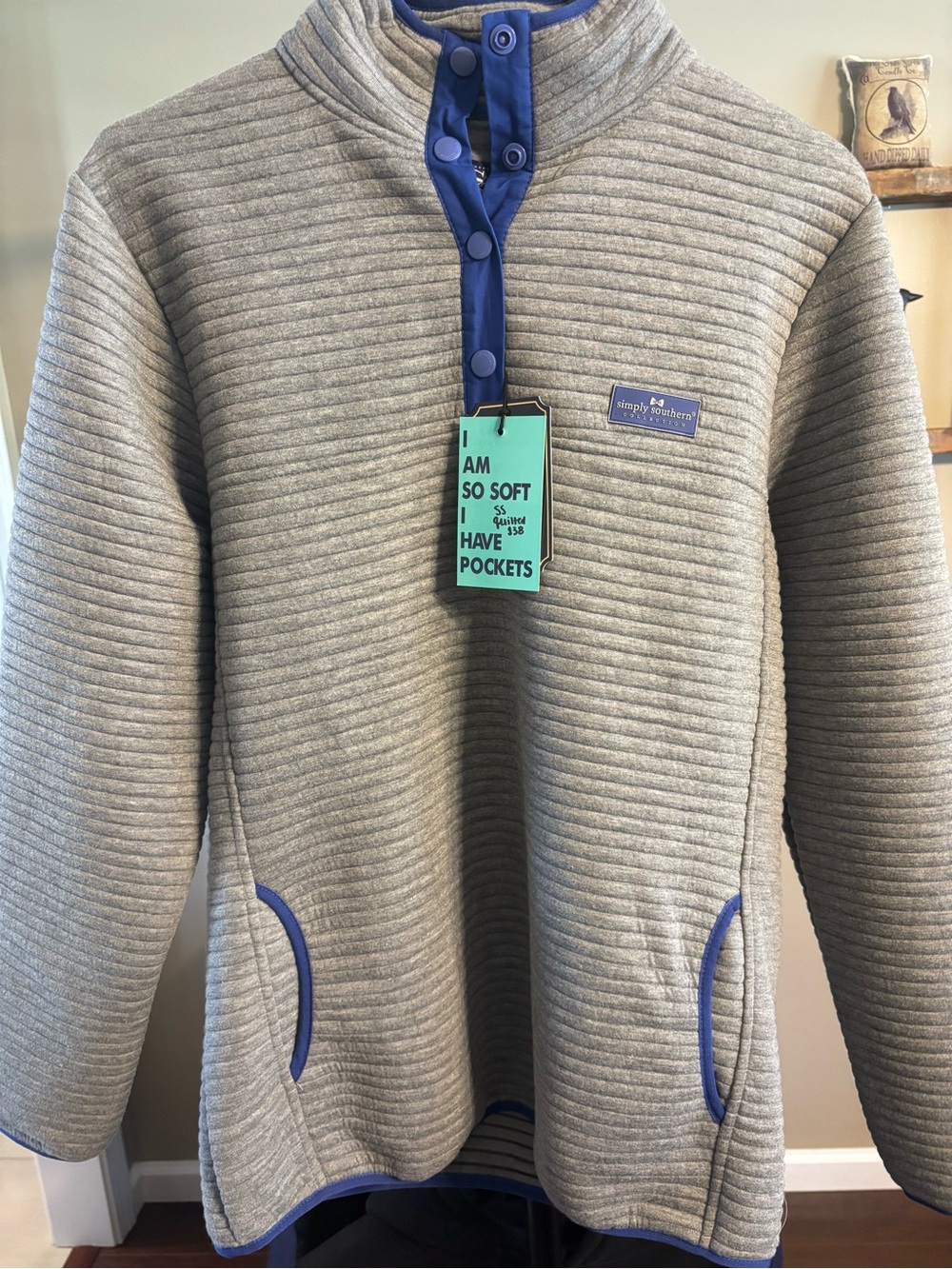 Simply Southern Gray Quilted Crewneck with Blue Trim